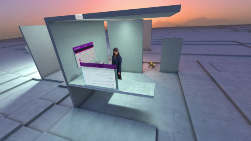 یک اسکرین شات از رابط کاربری Windows Holographic که یک محیط 3 بعدی را نشان می‌دهد.
